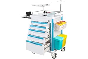 YORKGARGEN Medical Rolling Storage Crash Cart with Wheels & Drawers, Hospital Mobile Ultrasound cart with 5 Drawers & Power Strip,IV Pole,Needle Disposal,O2 Holder,Nursing Emergency Cart for Hospital, Clinic