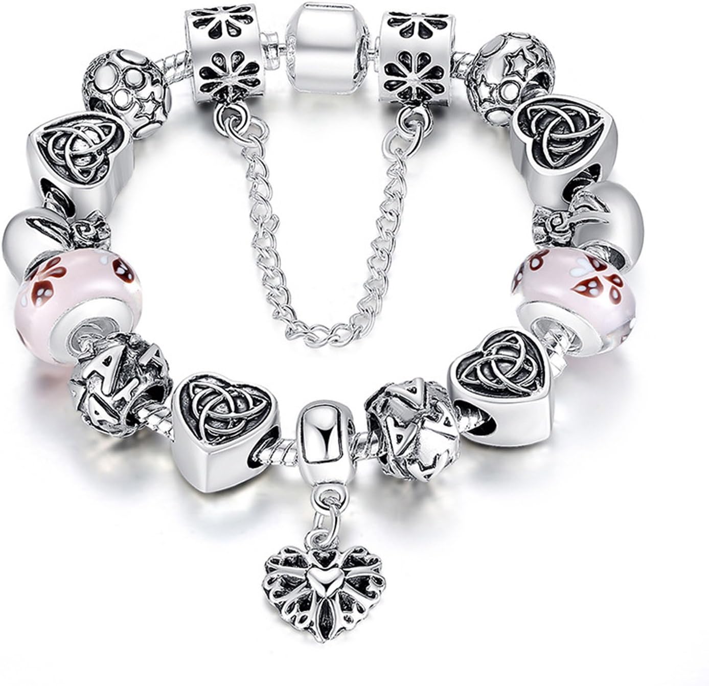Silver Tone European Charm Bracelet Blue Murano Glass Beads Rose Flower Charms Birthstone Crystal Beads