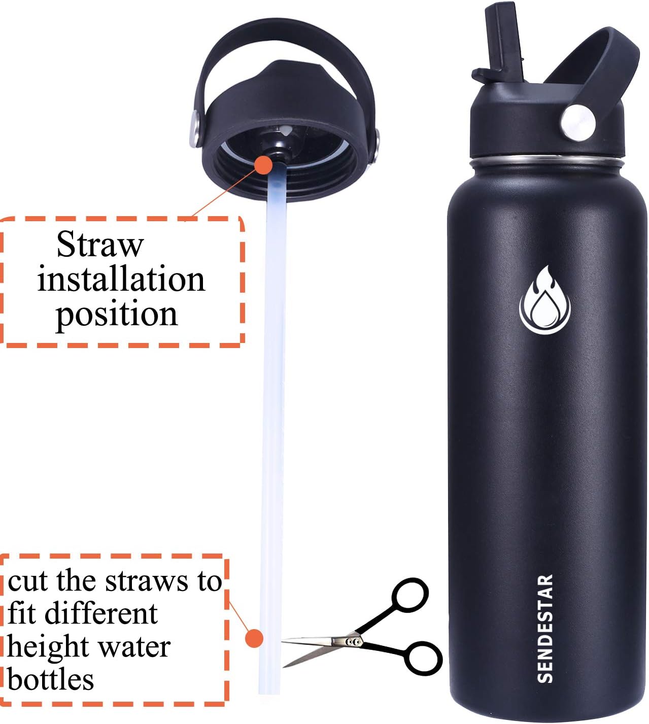 SENDESTAR Straw Lid for Hydro Flask Wide Mouth Sports Water Bottle with 2 Straws and 1 Brush (Black) : Sports & Outdoors