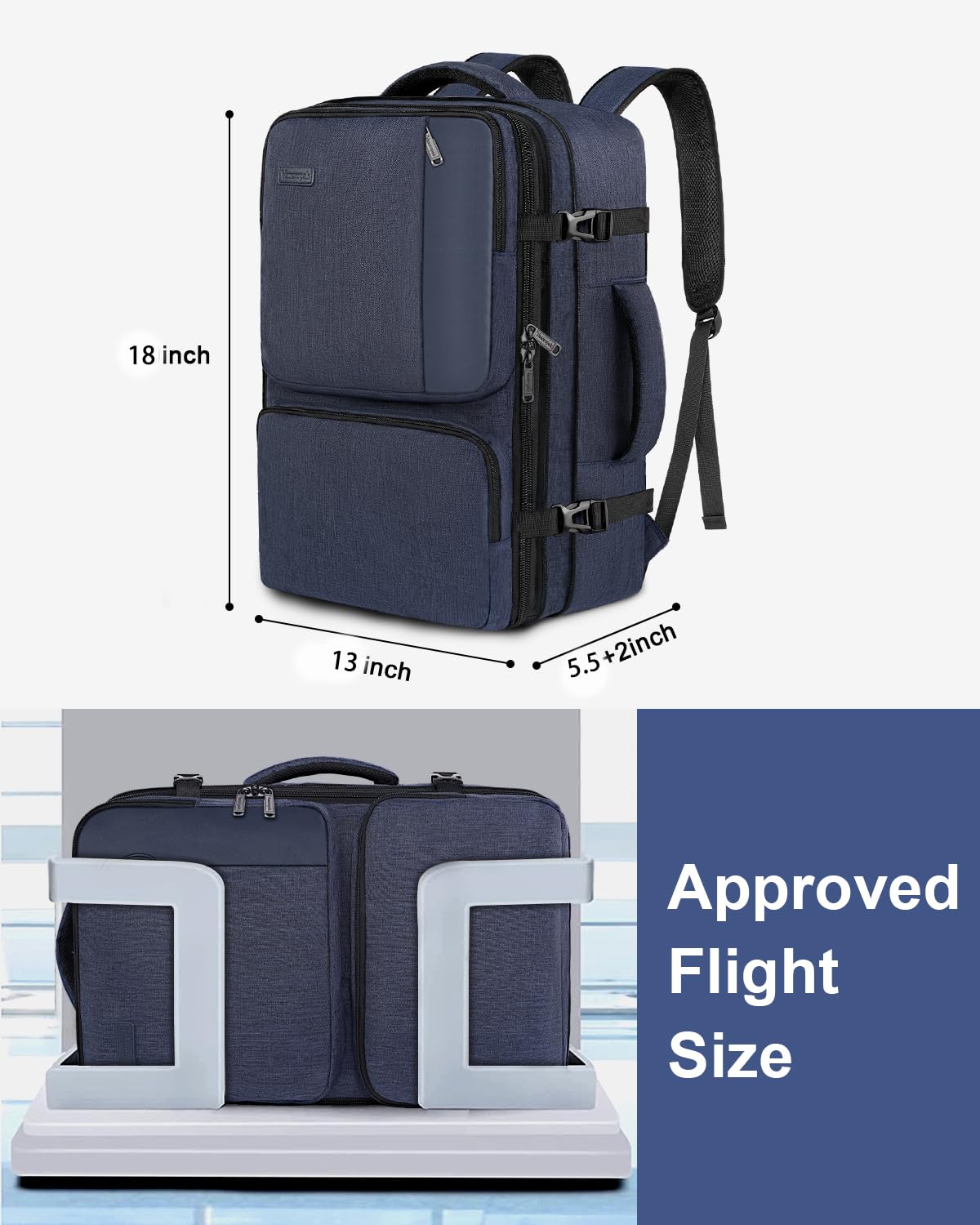 Vancropak Personal Item Backpack for Airlines, Expandable Travel Backpack with 3 Packing Cubes, TSA Flight Approved Carry on Travel Bag, Large Water Resistant Luggage Suitcase bag for Men Women, Blue