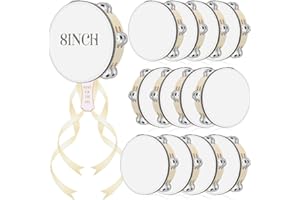 Lukmaa 12 Set 8 Inch Tambourine for Adults Tambourines Bulk Wooden Hand Held Drum with Metal Jingles, Gift Tags, Ribbon Percussion Gift Musical Instrument for Church Wedding(Double Row)