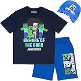 Minecraft Boys 3-Piece Set - Short Sleeve Graphic T-Shirt, Shorts, and Baseball Cap Outfit for Kids