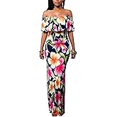 Suimiki Vintage Ruffle Plain Floral Printed Off Shoulder Bodycon Long Party Maxi Dress Navy Small