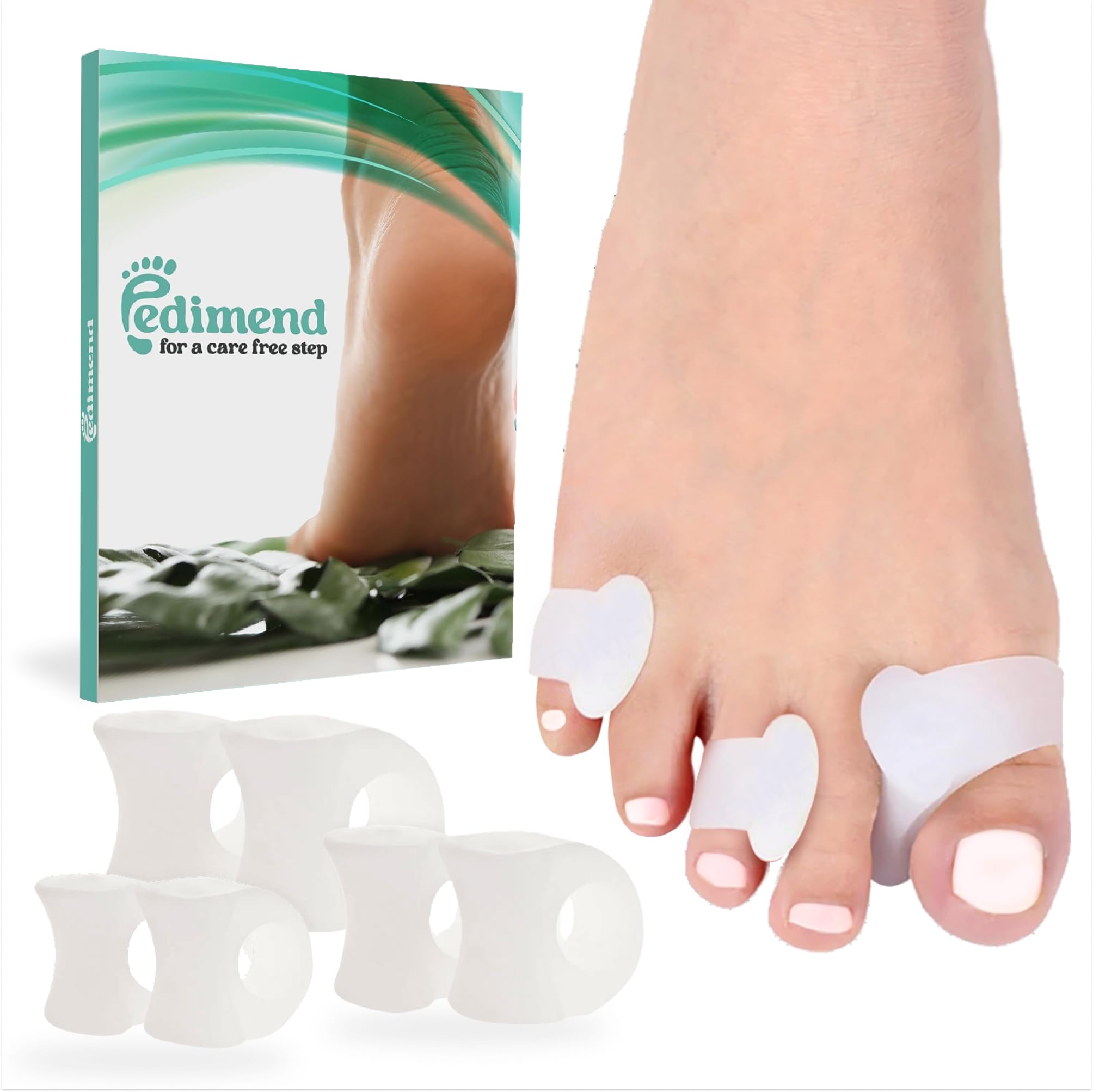 PEDIMEND Gel Toe Straighteners, Pinky Toe Separators, claw toe straightener, hammer toe straighteners for bent toes, little toe separators for men and women. Includes 3 sizes for all feet (6 PACK)