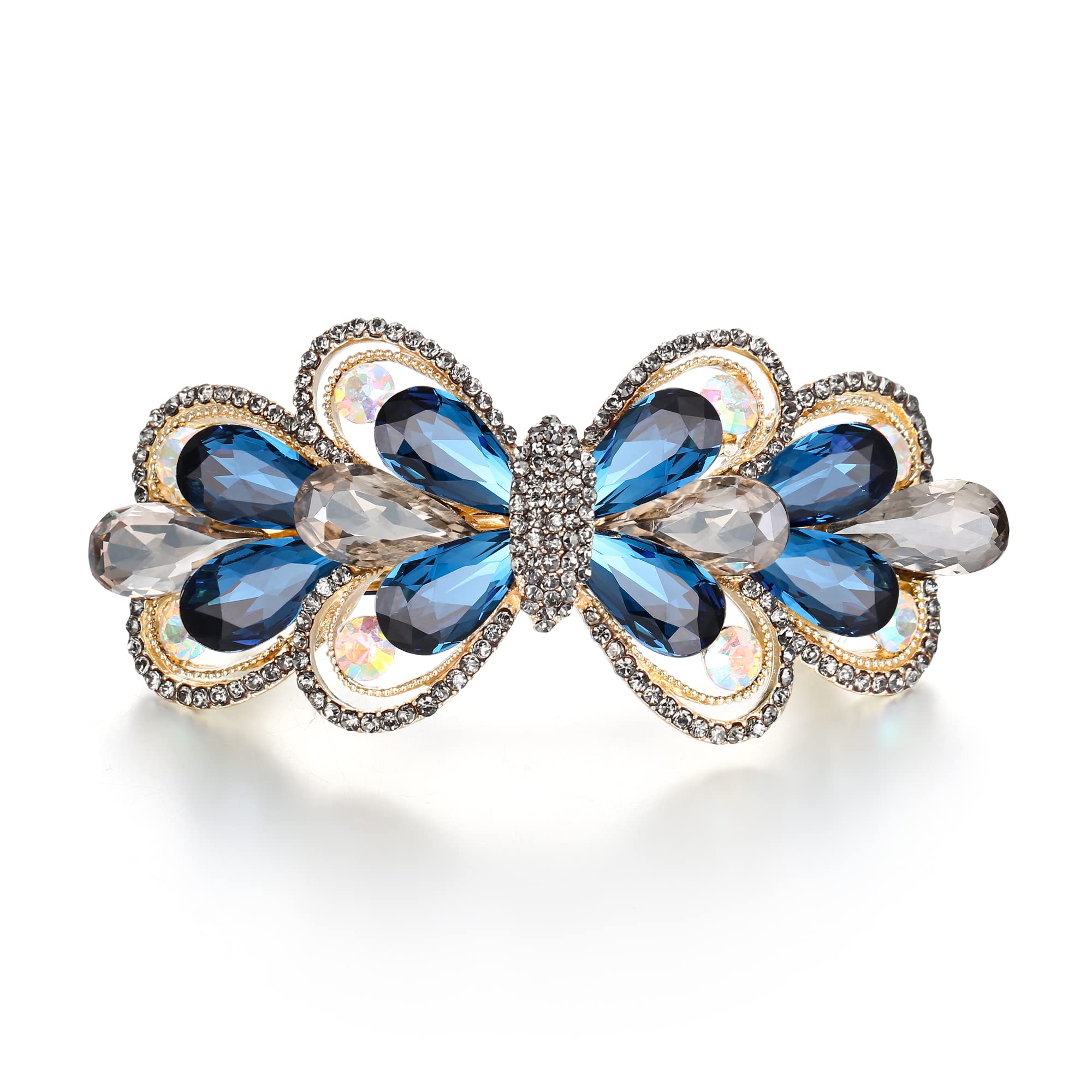 Ever Faith Rhinestone Butterfly Hair Barrettes for Women, Gorgeous Marquise-Shaped Hair French Clip Blue w/Grey