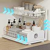 JeySec Under Sink Organizer, 1 Pack, 2 Tier Pull Out Sliding Shelf, Adjustable Height, Heavy Duty, Cabinet Organizer for Kitchen Bathroom, Tool-Free Install, White