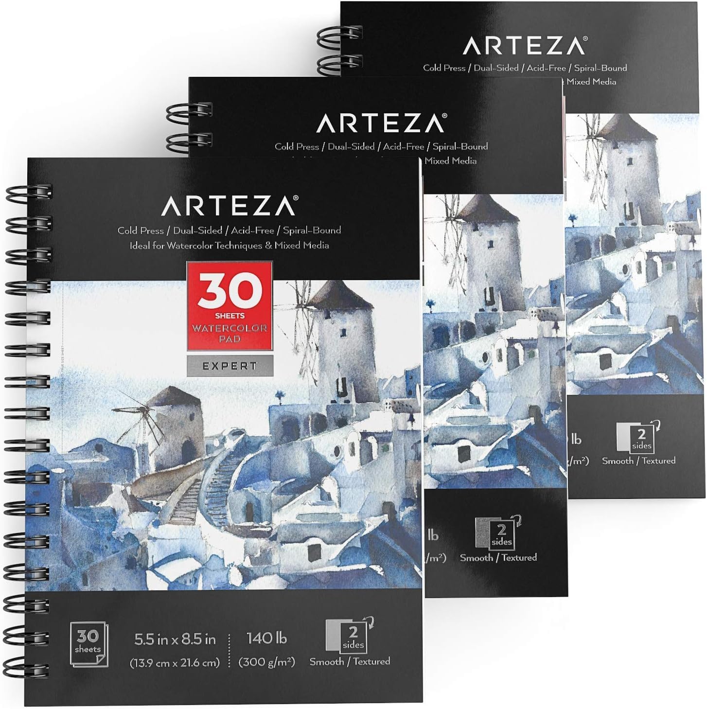 Arteza Expert Watercolour Paper Pad, 3 Pack, 90 Sheets, 13.9 x 21.6 cm, Spiral Bound, 300gsm Watercolour Paper, Cold-Pressed, Acid-Free, Art Supplies for Watercolour Techniques and Mixed Media
