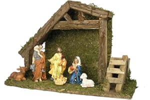BANBERRY DESIGNS Stable for Nativity Scene - 7 Pc Set - Mary, Joseph, Jesus in Manger, Shepherd with Sheep, Cow and 8" H Creche - Christmas Decoration