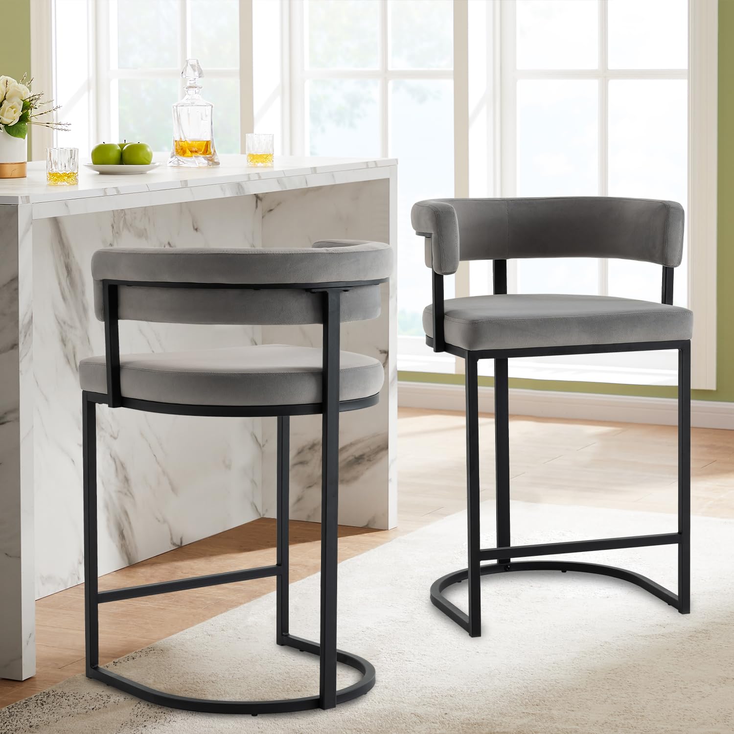 Photo 1 of **SEE CLERK NOTES**
Rongbuk Set of 2 Grey Modern Velvet Bar Stools with Barrel Backrest, Upholstered Seat, and Black Metal Footrest – 25.6-Inch Seat Height, Ideal for Counters, Home Bars, and Kitchen Islands