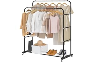 Laiensia Double Rods Clothing Rack with Wheels, Garment Rack for Hanging Clothes, Multi-functional Bedroom Clothes Rack, Black