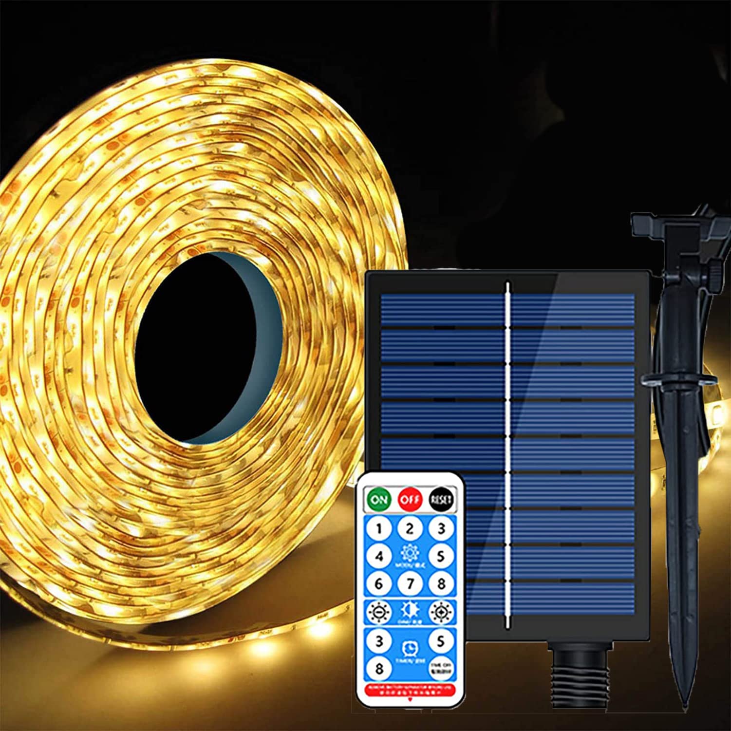 SUAVER Solar LED Strip Lights Outdoor 10M 240LED Strip Waterproof Flexible Rope Ligts with Remote 8 Modes Decoration String Light for Garden Trees Christmas Party Decor (Warm White)