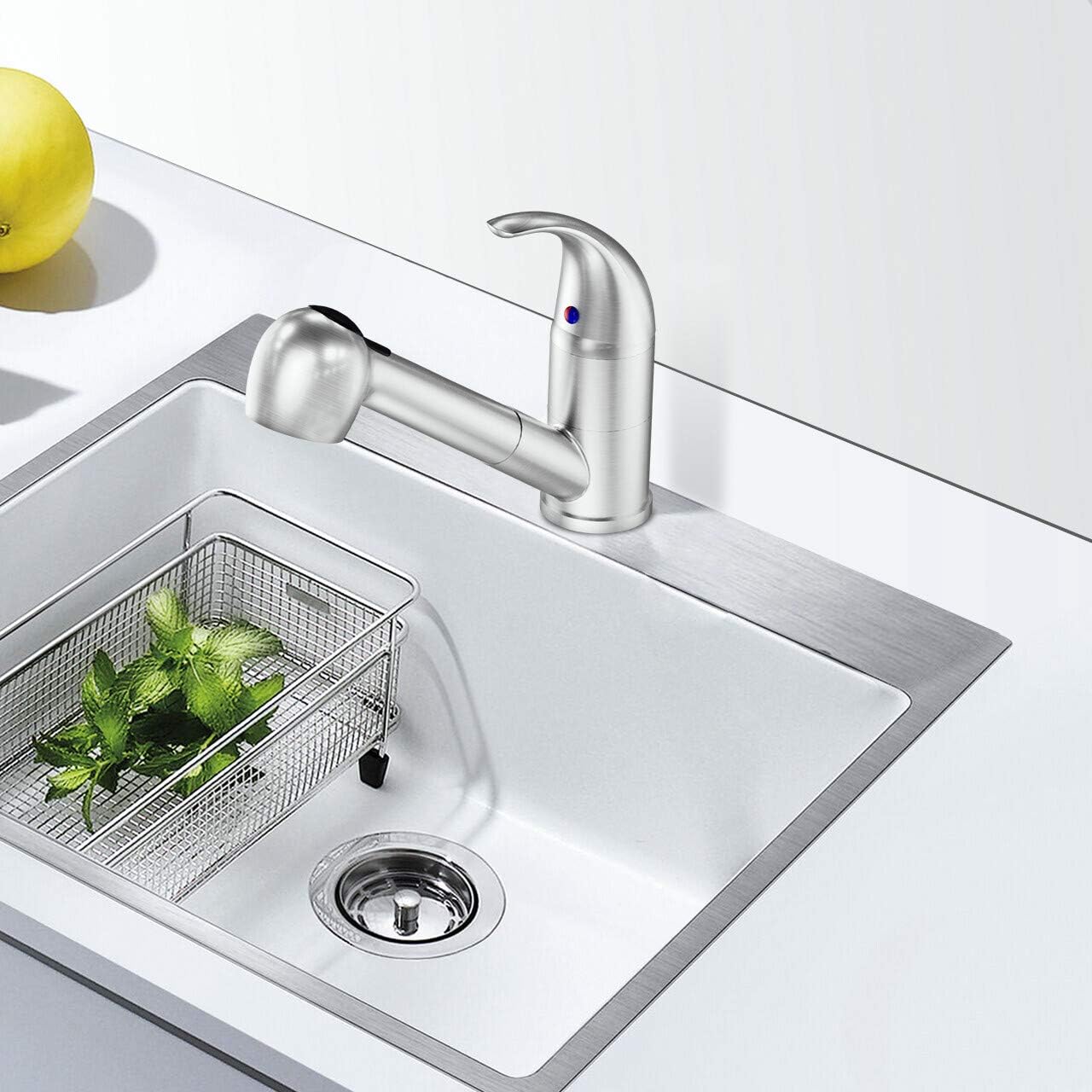 LEPO Kitchen Faucet Single Handle Low Arc Brushed Nickel Single Lever Pull Out Sprayer Kitchen Sink Faucet, Bar Sink Faucet with Deck Plate - - 
