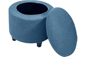 Andreannie Stretch Blue Jacquard Fabric Ottoman Slipcover Floding Storage Foot Stool Covers Soft Round Slipcover Removable Washable Furniture Protector for Home Decor (Blue)