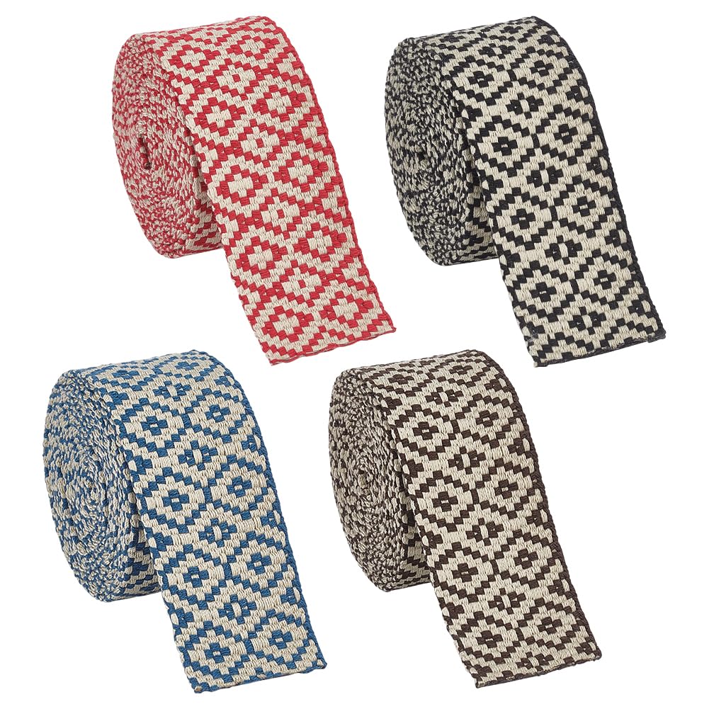 BENECREAT 8 Yards 4 Colors Rhombus Jacquard Ribbons, 1-1/2 inch(38mm) Wide Flat Jacquard Webbing Polycotton Craft Sewing Woven Ribbon for Clothing, Bag Handles