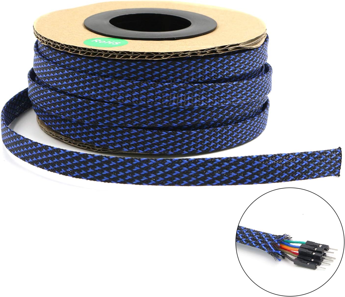 PET Expandable Braid Sleeving Flexo Wire Cable Sleeve (0.32" 100ft Black with Blue) Striveday