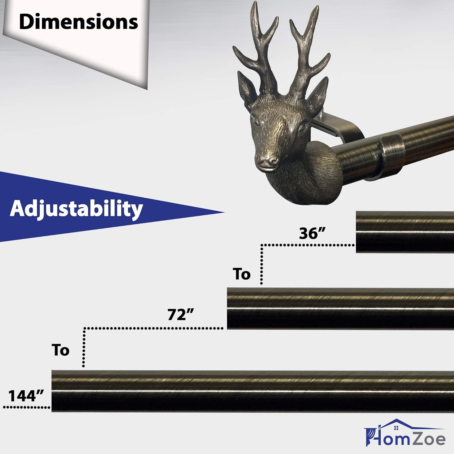 HOMZOE Curtain Rod Drapery Windows - 1-1/8 inch Diameter with Classic Deer Finials Design Set with Extendable Pipe, Adjustable Brackets, Plated Brass Finish (72" to 144"): Home & Kitchen