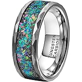 TUTISS 6mm 8mm Silver/Black Hammered Tungsten Rings for Men Women Couple Genuine Galaxy Opal Inlay Fashion Jewelry Engagement Wedding Bands Matte Finish Comfort Fit