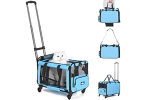Paw Ballet Airline Approved Pet Carrier with Wheels, Foldable Rolling Cat Dog Carrier with Wheels Telescopic Handle for Outdoor Vet Visits, Cat Carrier Travel Bag for Cat Dog Under 20 lbs, Blue