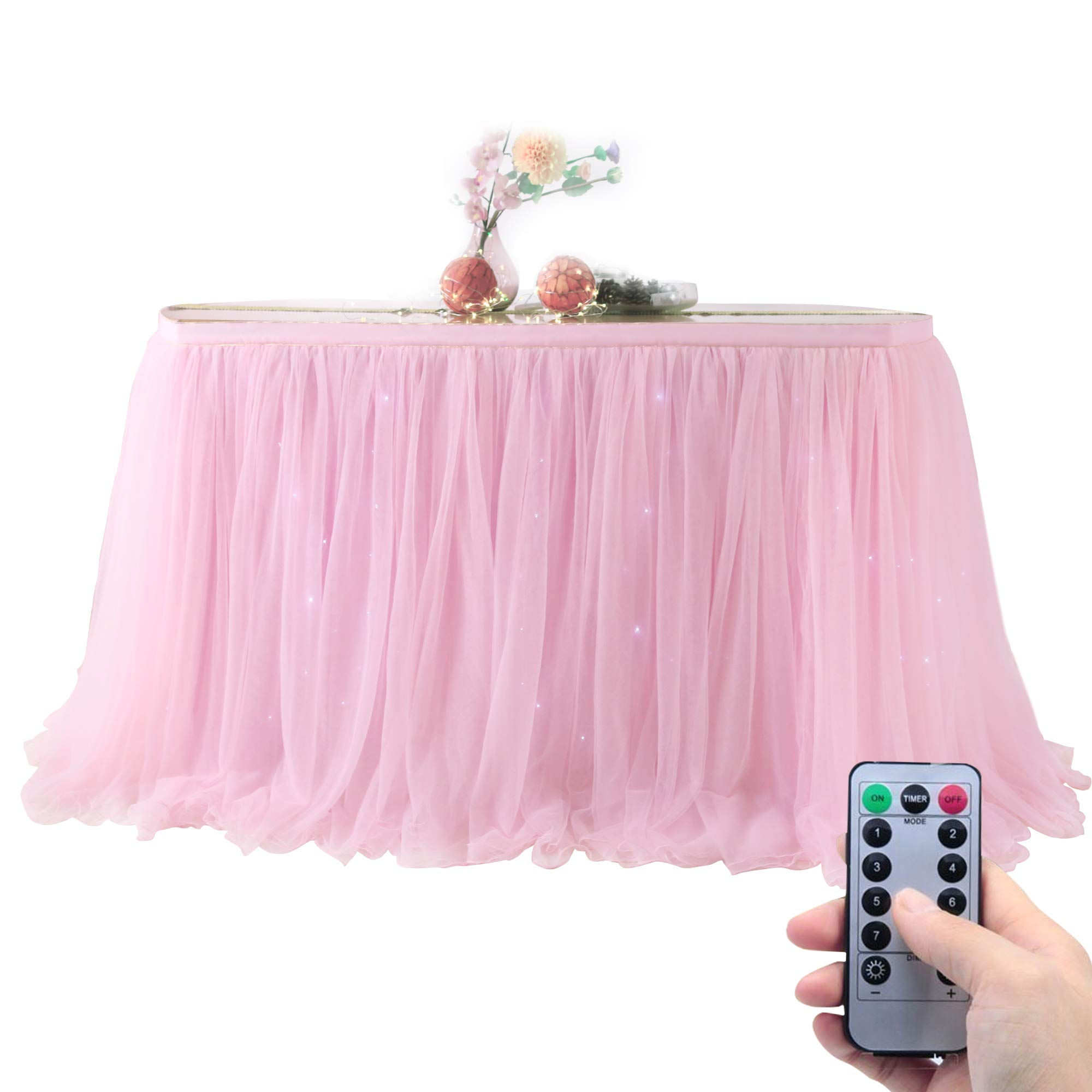 OakHaomie10ft Table Skirt Tulle Tutu Table Cloth with 15pcs String Lights for Rectangle or Round Table for Party,Wedding,Birthday Party&Home Decoration,Table Skirting (Pink, 10ftX2.63ft)