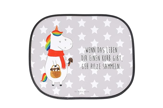 Mr. & Mrs. Panda Fenster, Sonnenblende, Auto Sonnenschutz Einhorn Pilz mit Spruch - Farbe Grau Pastell