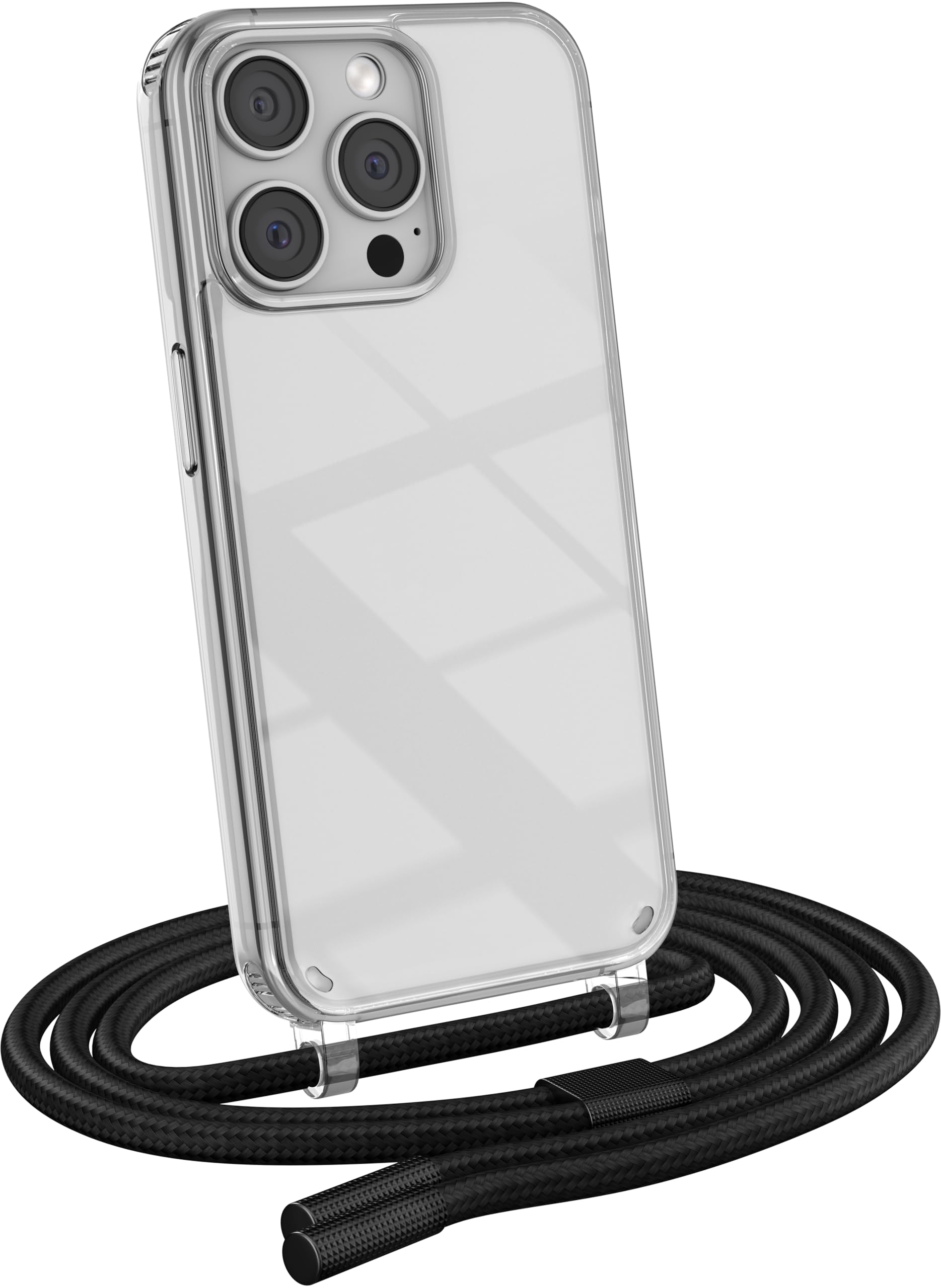 MyGadget Strap Case for Apple iPhone 15 Pro - [ with removable Cord ] Crossbody Phone Hard Cover - Case with Neck Holder - Lanyard Carrier with Rope in Black
