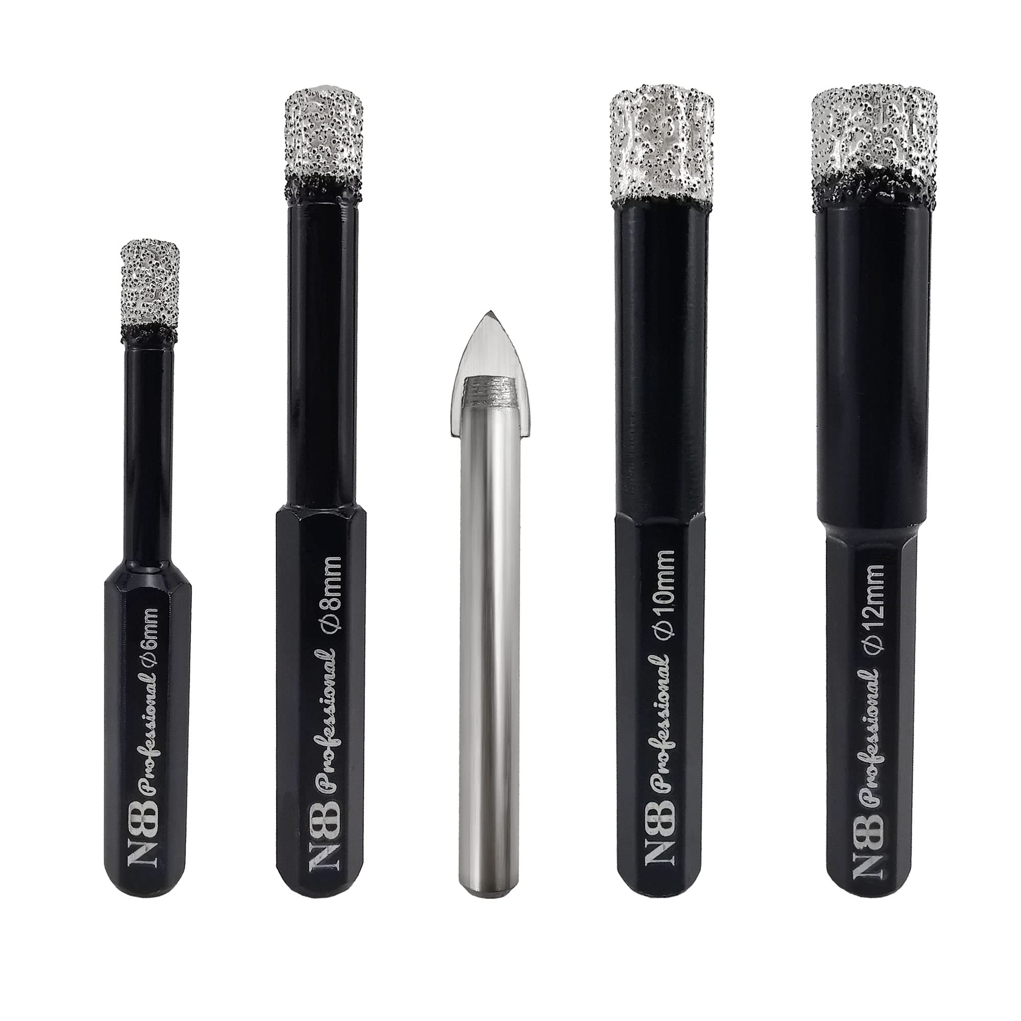 NBB Brazed Diamond Drill Bits with hex shank, for Dry drilling on hard Porcelain, Ceramic, Tile, Granite, Marble, extra life in wet,used on cord or cordless pistol drill(6/8/10/12mm + 1pc Tile Drill)