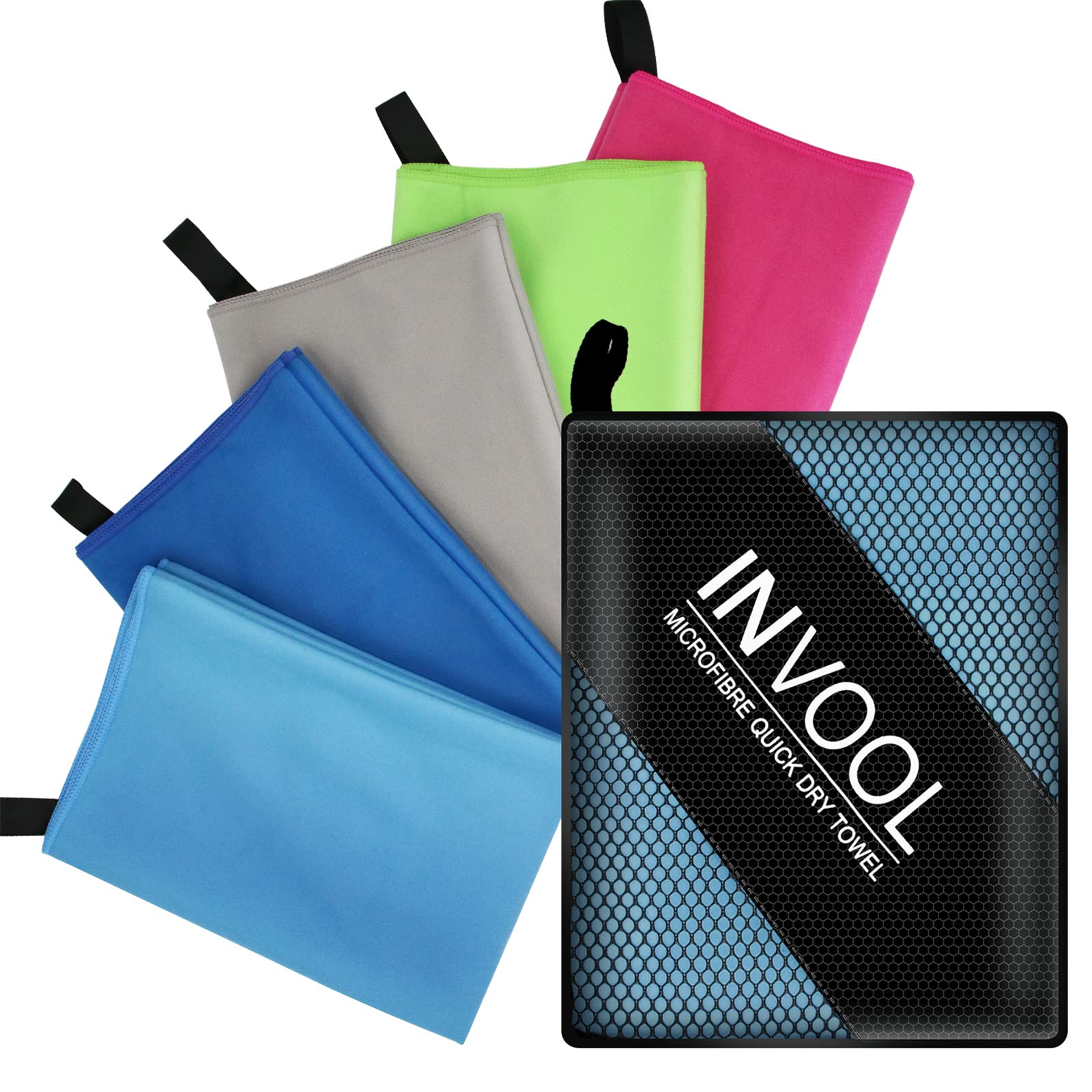 Invool Microfiber Towel, 5 colours with carry bag - Quick Dry Towel for Travel, Camping, Fitness, Beach, Vacation, Fast Drying and Absorbent