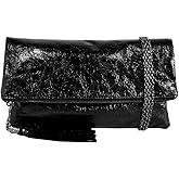 JNB Women's Cracked Metallic Fabric Foldover Clutch with Tassel