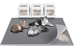Waretary Cat Litter Mat 47"x 36", Kitty Pretty Litter Box Trapping Mat, Extra Large XL Honeycomb Double Scatter Control Layer Mat, Urine & Waterproof, Washable, Easy Clean, Phthalate Free, Black