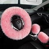 Fuzzy Genuine Sheepskin Steering Wheel Cover Set for Women Parents-Fluffy Soft Australian Merino Wool Fur Wrap with Gear Shift and Hand Brake Covers, Cozy Stylish Luxury Girl Car Accessories (Pink)