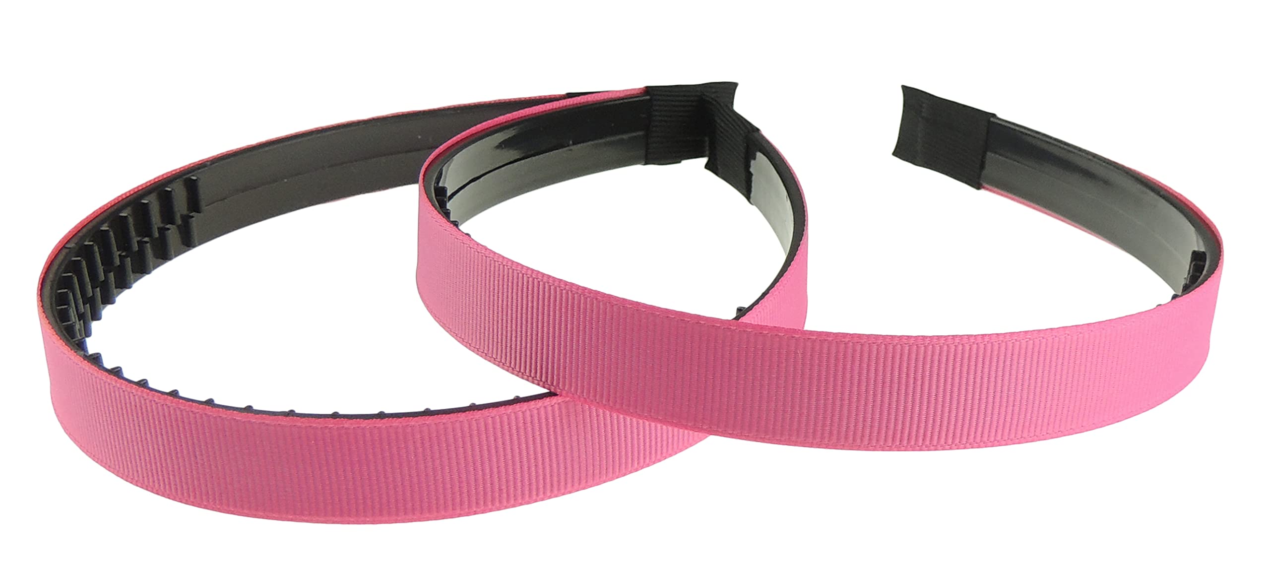 Ladies Girls Set of 2 Ribbed Satin Ribbon 15mm Black Toothed Covered Headband Alice Band (Hot Pink)