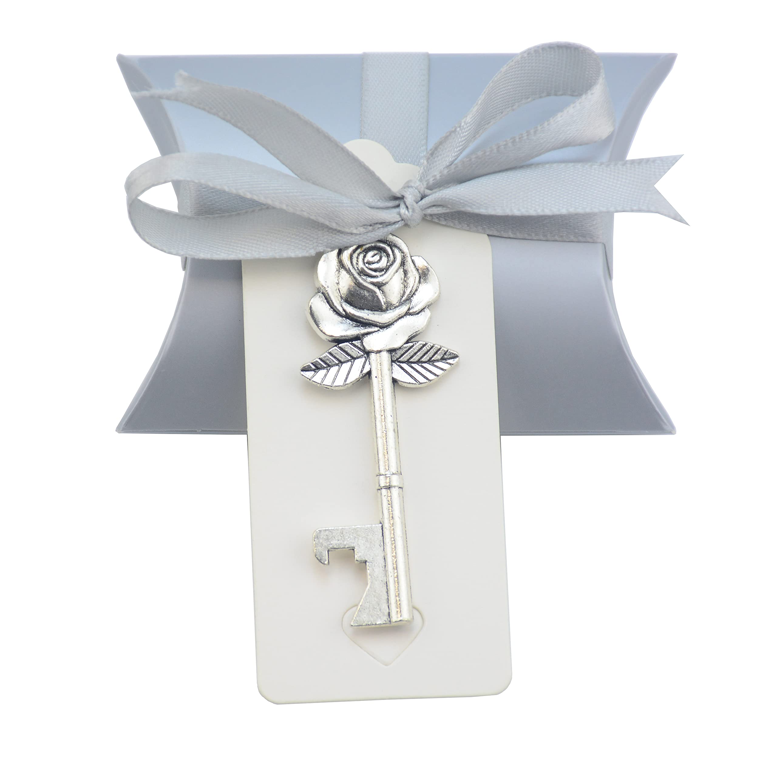 Aokbean 50pcs Rose Flower Shape Vintage Key Bottle Openers Wedding Party Favors for Guest Souvenir Gift Set with Candy Boxes,Thank You Tags and Ribbon (Silver)
