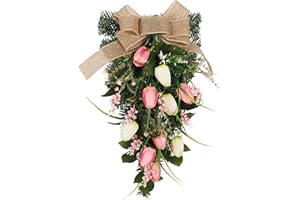 belupai 22in Pink Tulips Teardrop Swag, Decorative Floral Swag with Lily of The Valley Flower and Greenery Leaves, Spring Summer Tulips Swag for Indoor Outdoor Window Decor(Multicolor)