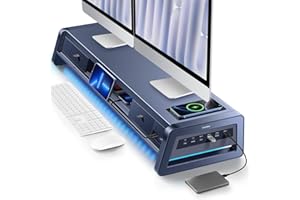 Vaydeer All-in-One Dual Monitor Stand Riser with 2 Drawers, 8USB Ports and Wireless Charging Pad with LED Light Strip for 2 Monitors , Desk Organizer for PC, iMac (Metal, 39.3 inches)