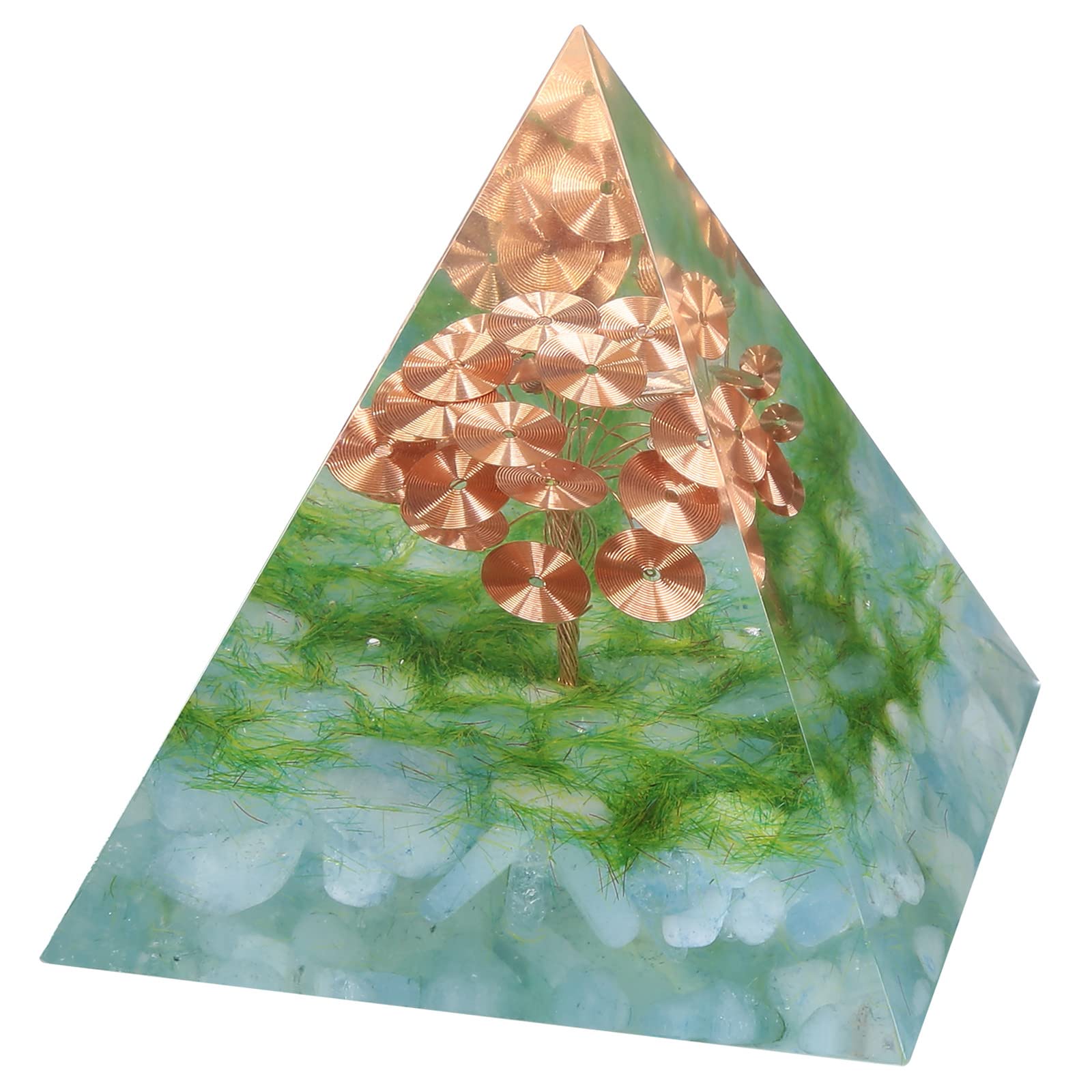 Nupuyai Aquamarine Spiral Tree of Life Crystal Pyramid Ornament, Quartz Point Energy Figurine Reiki Healing Stone Pyramid
