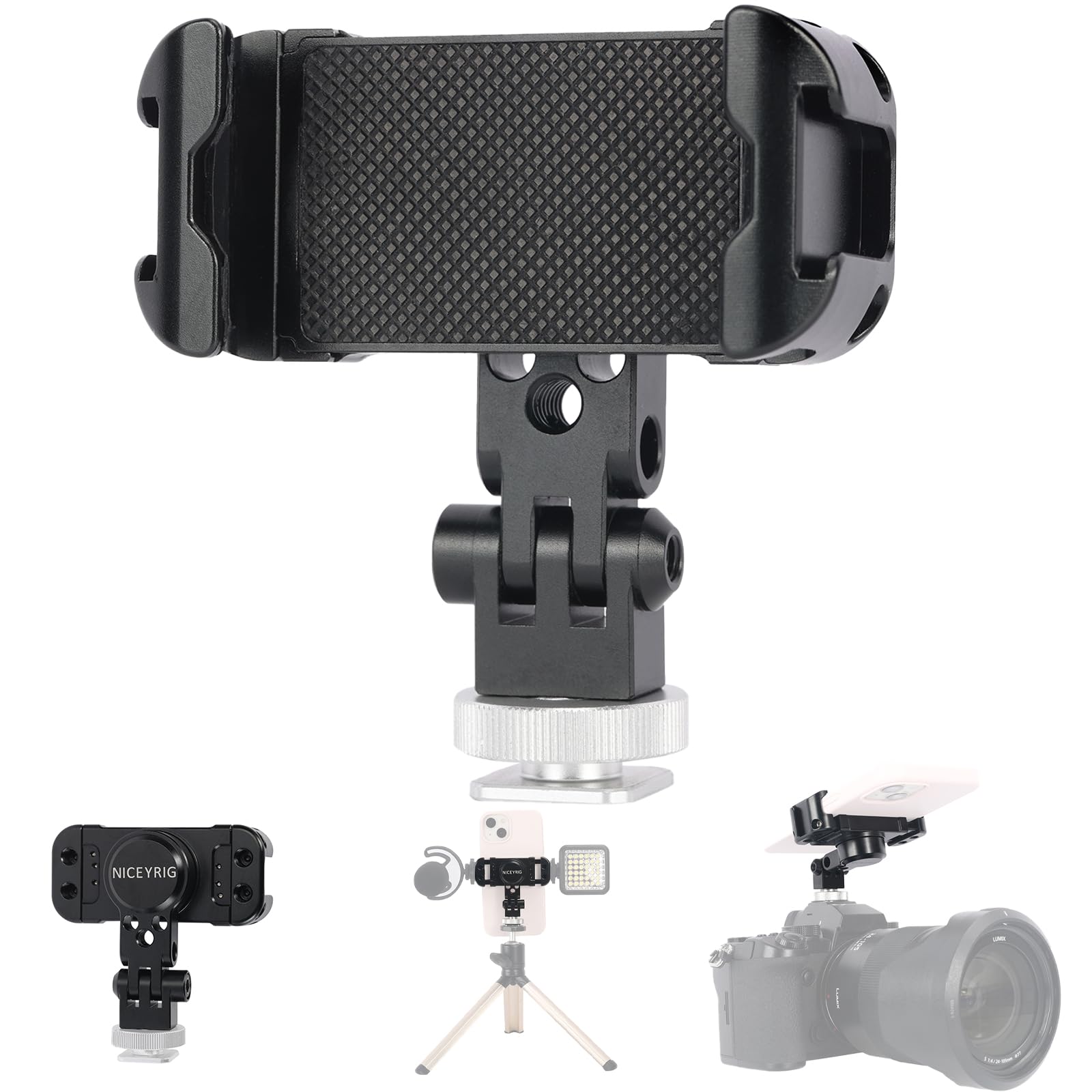 Metal Phone Tripod Mount Adapter,NICEYRIG Phone Tripod Mount with Cold Shoe 360 Rotated and Tilt Angle for Most Smartphone, iPhone Cold Shoe Clip, Cell Phone Clamp Holder, Video Rig Mount-515
