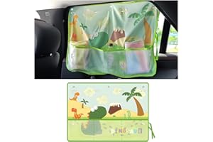 Sandfren Car Window Shade, Vehicle Sunshade Curtain with Storage Pockets & Suction Cups for Baby, Cartoon Pattern Auto Interior Heat Sun Protection Cover, Universal for SUV Sedan Trucks (Dinosaur)