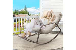 BULEXYARD Beige Oversized Indoor Outdoor Lounge Royal Rocking Chair with Armrest Footrest for Napping Relaxing, Heavy Duty Patio Reclining Papasan Rocker Chair with Padded Cushion for Porch, Sunroom