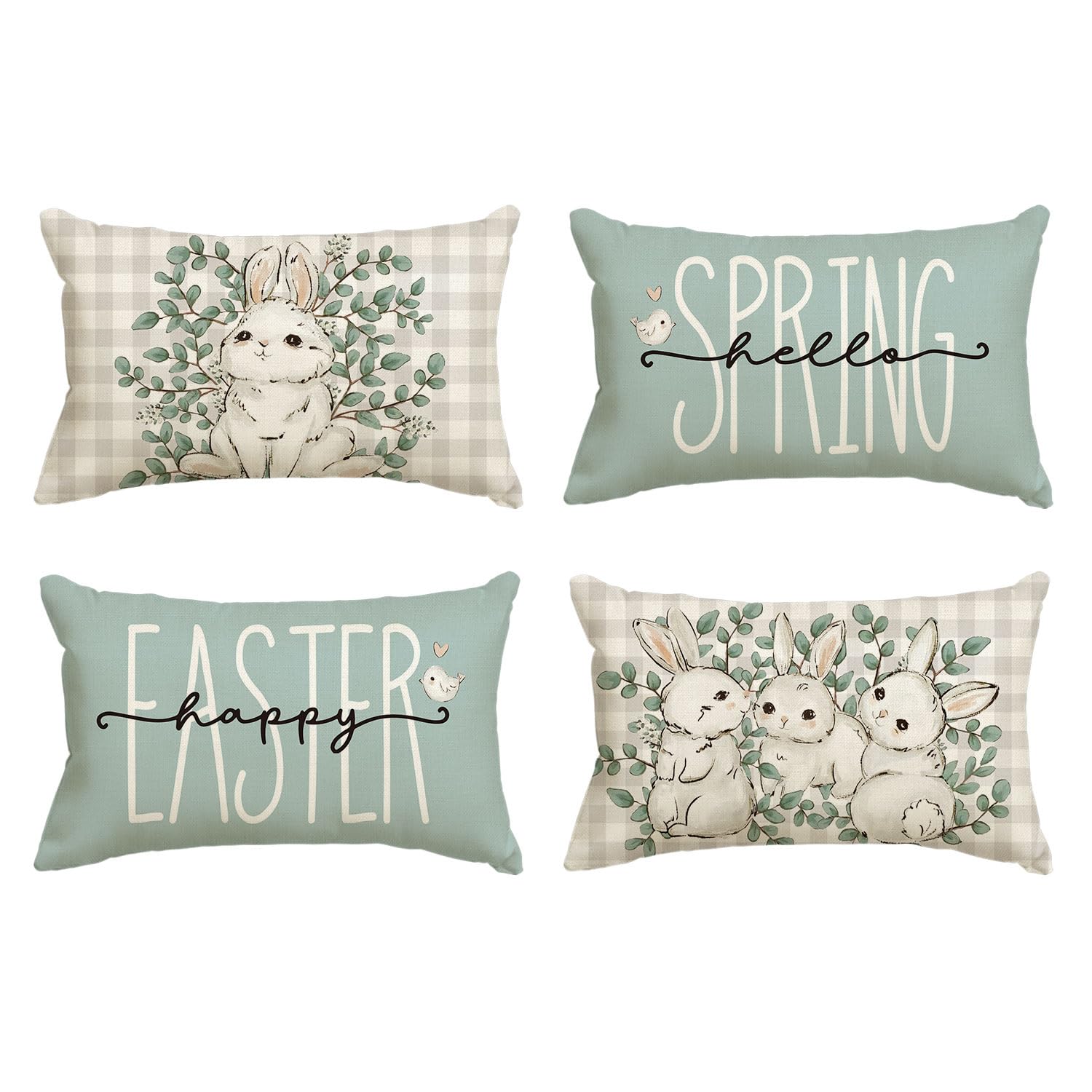AVOIN colorlife Happy Easter Buffalo Plaid Rabbit Throw Pillow Cover, 12 x 20 Inch Eucalyptus Leaves Hello Spring Cushion Case Decoration for Sofa Couch Set of 4