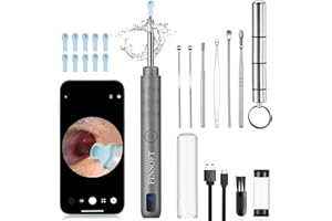 FINSOFT Ear Wax Removal Tool Camera, Ear Cleaner with Camera, Ear Wax Removal Cleaning Kit with 1296P HD Camera and 6 LED Lights, Earwax Removal Kit with 10 Ear Pick for iOS and Android, Grey