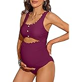 Charmo Maternity One Piece Swimsuit Scalloped Cut Out Ruched High Waisted Scoop Neck Pregnancy Bathing Suit