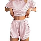 JUSTFASHIONNOW Womens Pajama Sets Shorts Striped Print Two Piece Lounge Sets Crew Neck Sleepwear Split Shorts Set Soft Pjs