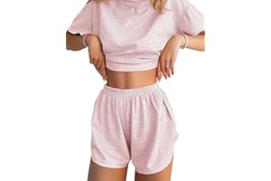 JUSTFASHIONNOW Womens Pajama Sets Shorts Striped Print Two Piece Lounge Sets Crew Neck Sleepwear Split Shorts Set Soft Pjs