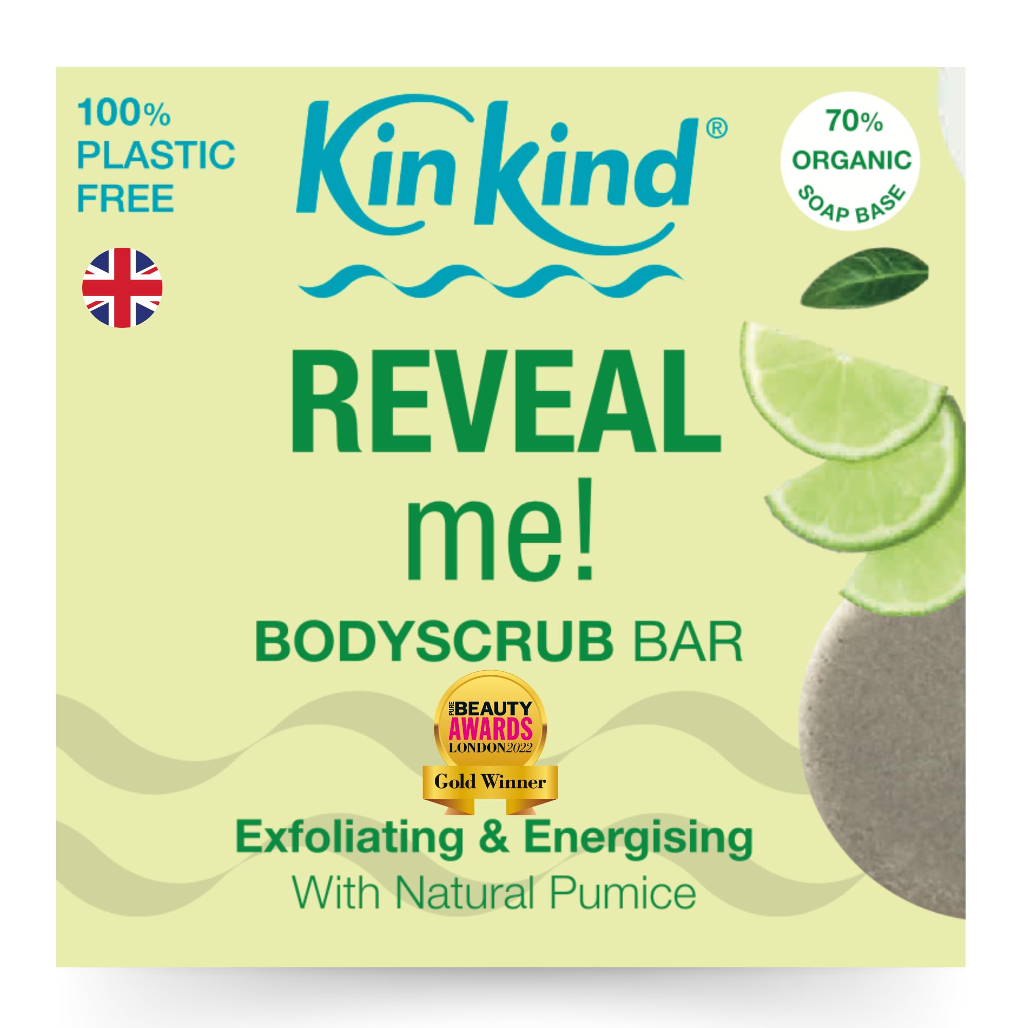 KinKind REVEAL me! Exfoliating Body Scrub Bar. Natural Body Scrub Exfoliator bar with pumice. Exfoliate to reveal fresh, new skin. No mess in the shower. Zesty Lime & Black Pepper. Vegan. UK made
