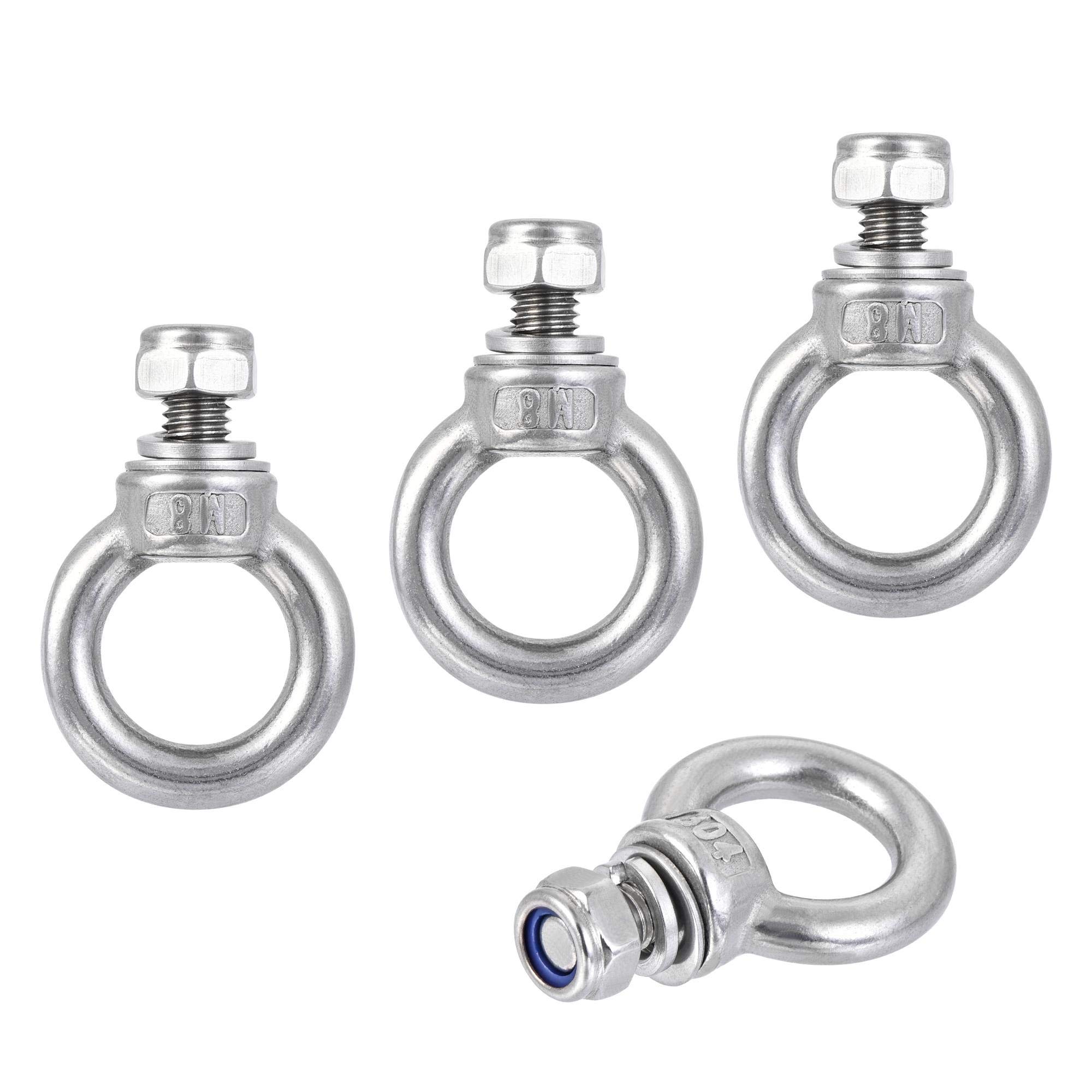 sourcing map Lifting Eye Bolt M8 x 14mm Male Thread with Hex Screw Nut Gasket Flat Washer for Hanging Securing Chain Wire Rope, 304 Stainless Steel, 4 Sets