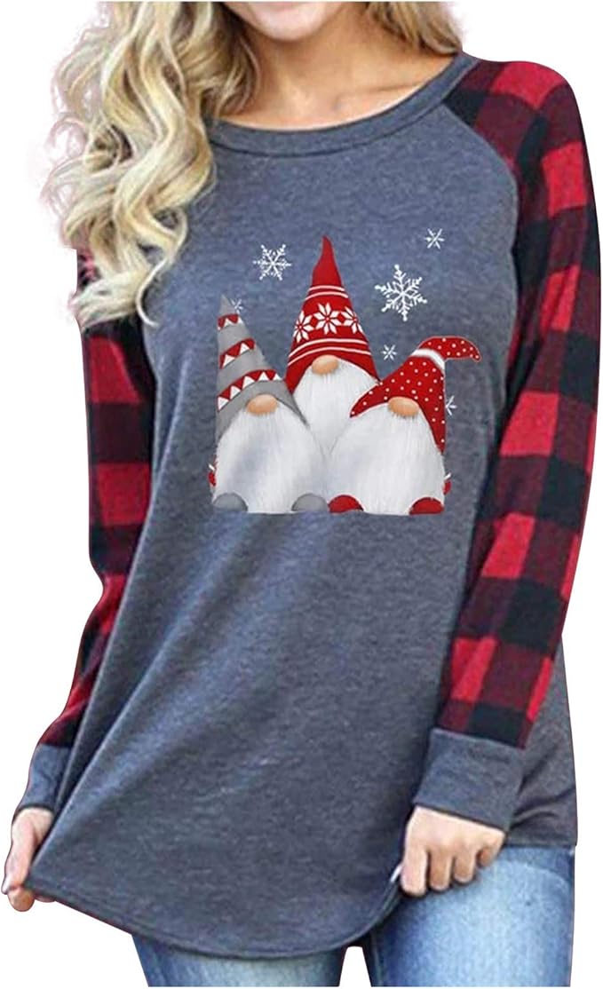 Women's Christmas TShirts Cute Rudolph The Dwarf Pattern Shirt Plaid