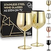 Oak & Steel - 2 Gold Stainless Steel Wine Glasses (18 Oz) Unbreakable Metal Wine Glasses, Wine Goblets with Gift Box for House Warming, Valentines, Anniversary