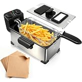 CATTLEMAN Deep Fryer with Basket, 1600W, 3L, Timer and Temperature Control | Electric Deep Fryer, Viewing Window Lid, Cool-Touch Handle, Stainless Steel, Includes 45 Parchment Paper Liners