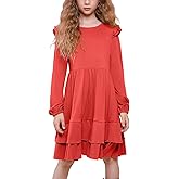 QPANCY Girls Long Sleeve Dresses Casual Round Neck Midi Double Layered Ruffled Hem Dress