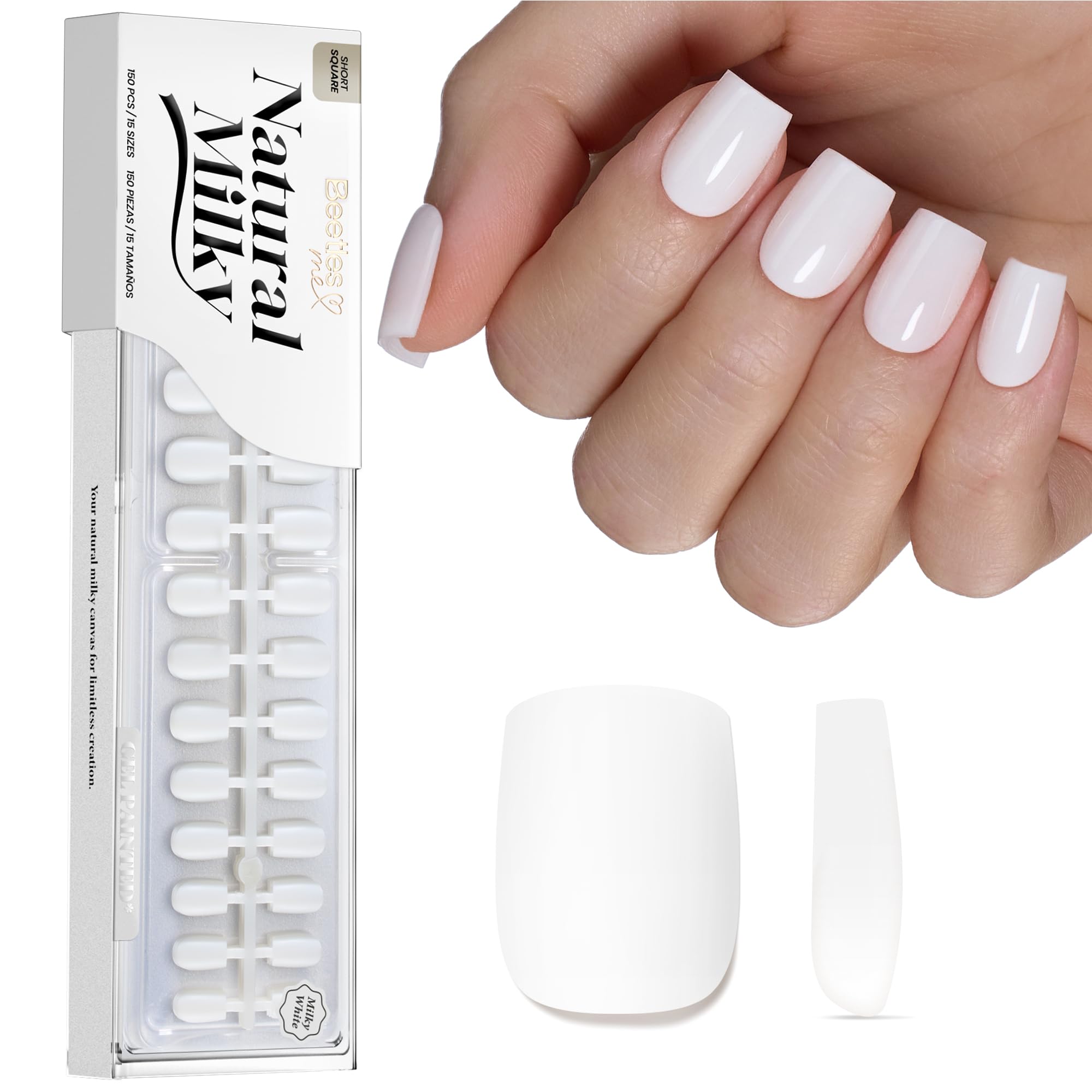 Beetles Natural Milky White Nail Tips | 150PCS, 15 Sizes Short Square Nail Tips | Pre-Colored Full Cover Soft Nail Gel Fake Nails | Salon-Gel Look for DIY Manicure Image